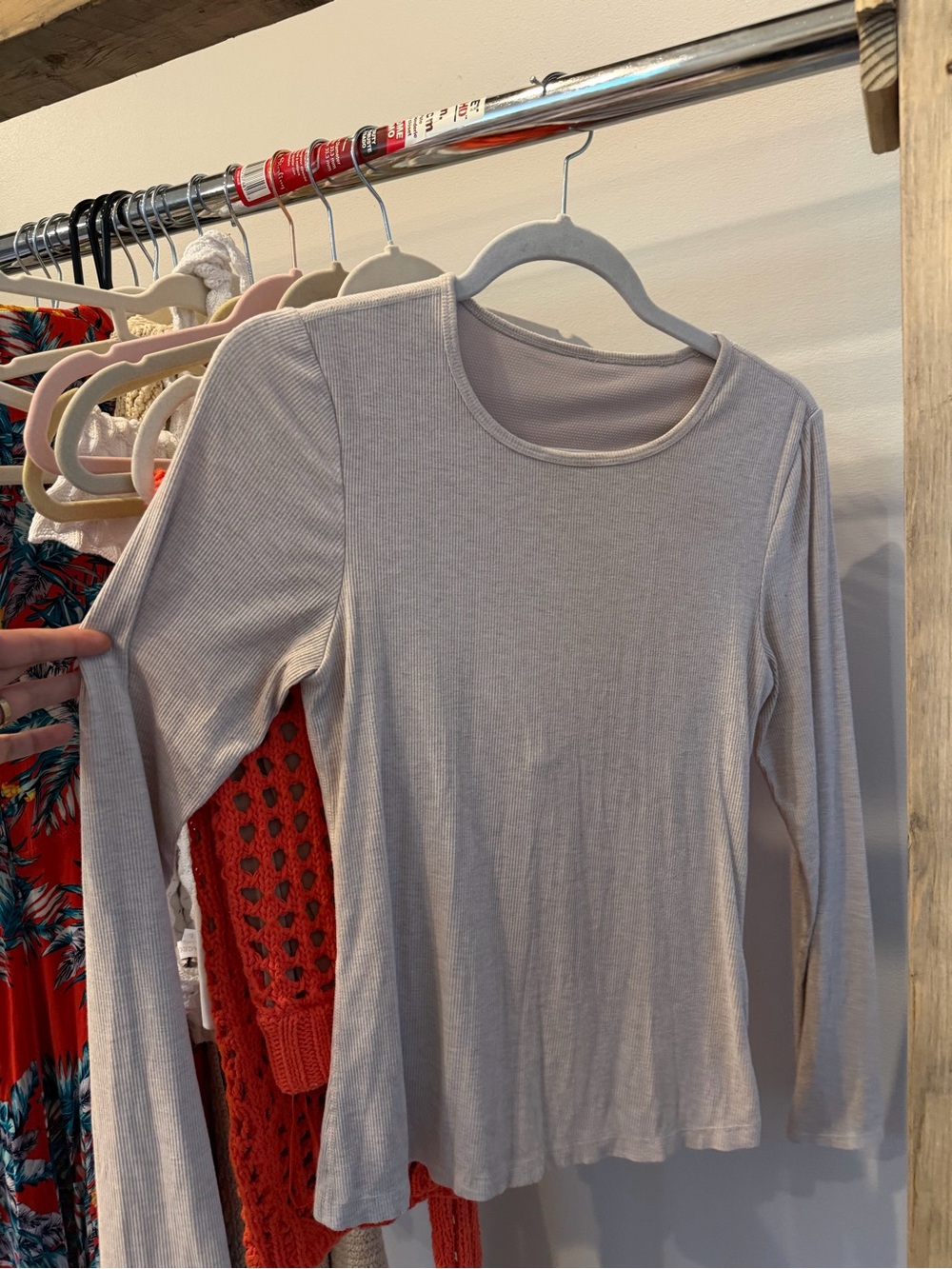 Women's Long Sleeve Ribbed Crewneck Top - Beige